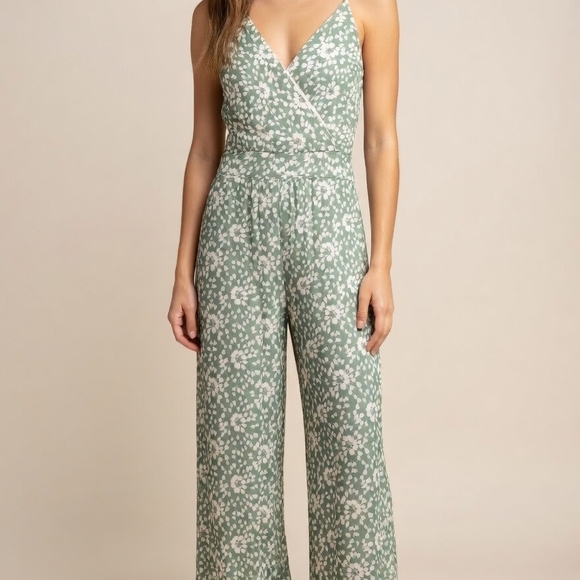 Kaileigh Pants - Kaileigh Sage Green Floral Wrap Jumpsuit Bin 09